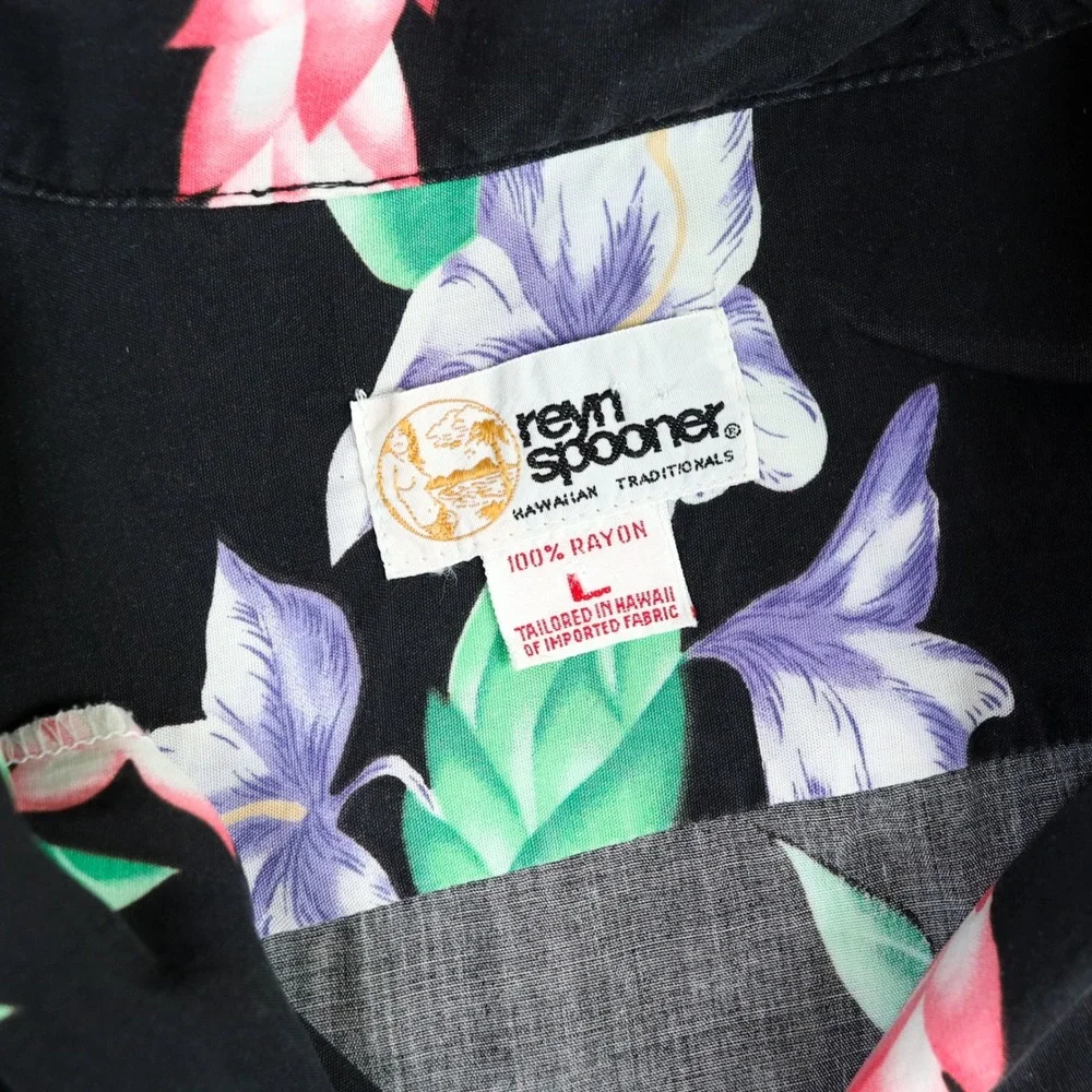 Vintage Reyn Spooner Hawaiian Shirt Mens L Black Floral Rayon Aloha Camp USA‎